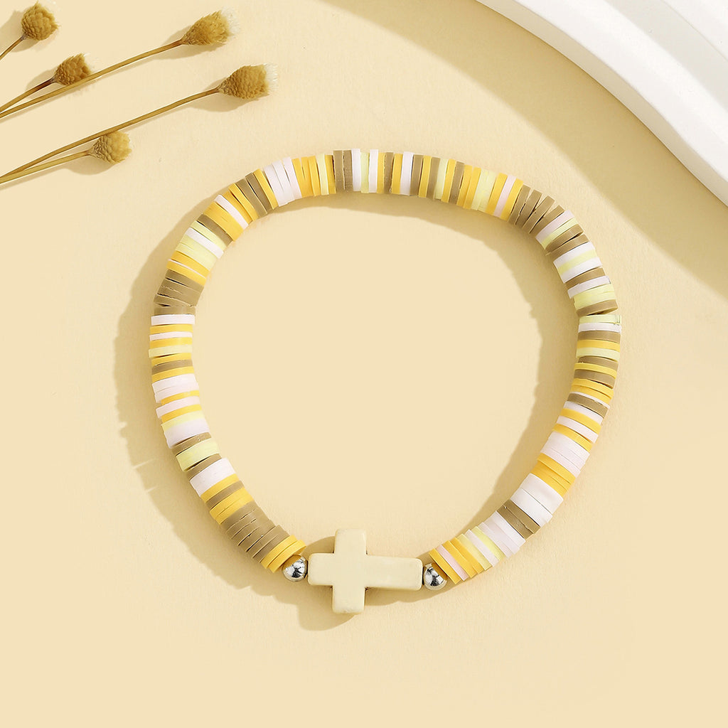 Heishi Clay Disc Bracelet with Cross Bead - OffWhite