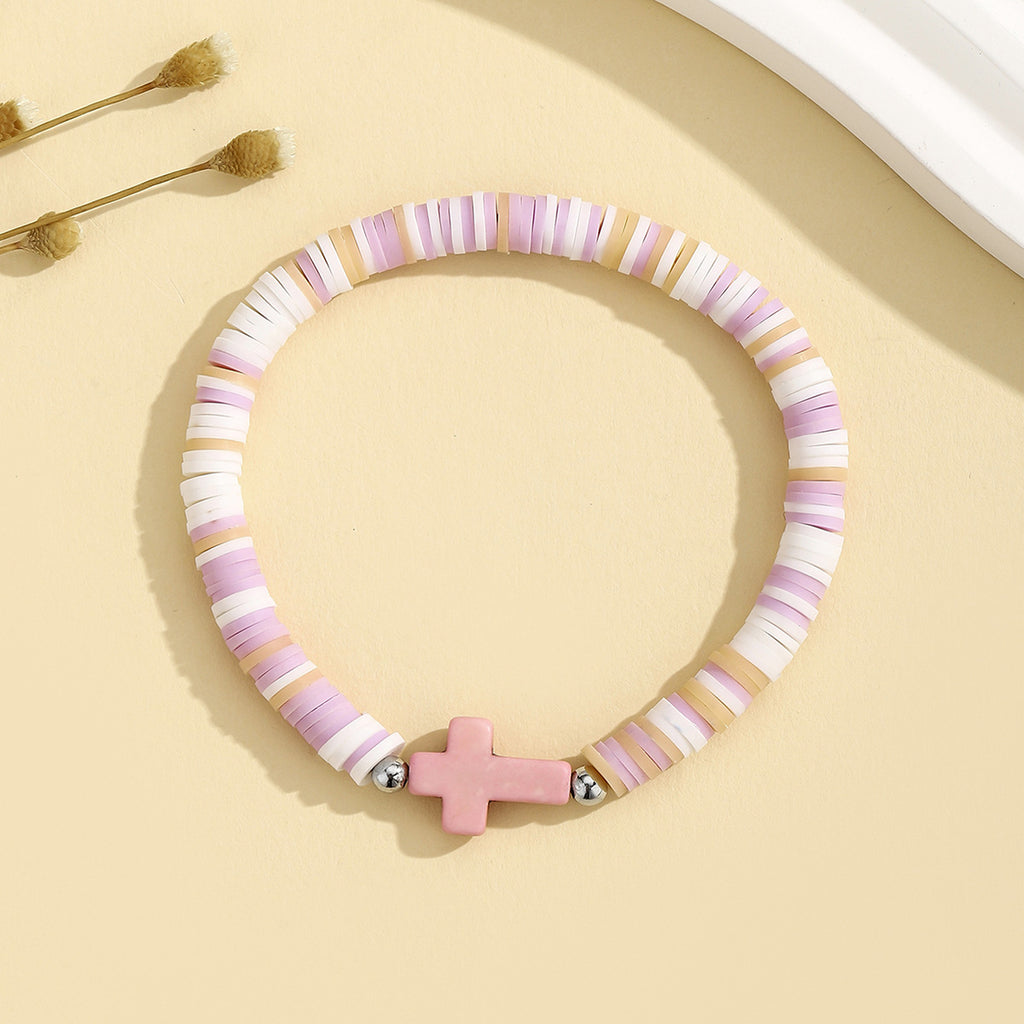 Heishi Clay Disc Bracelet with Cross Bead - Pink