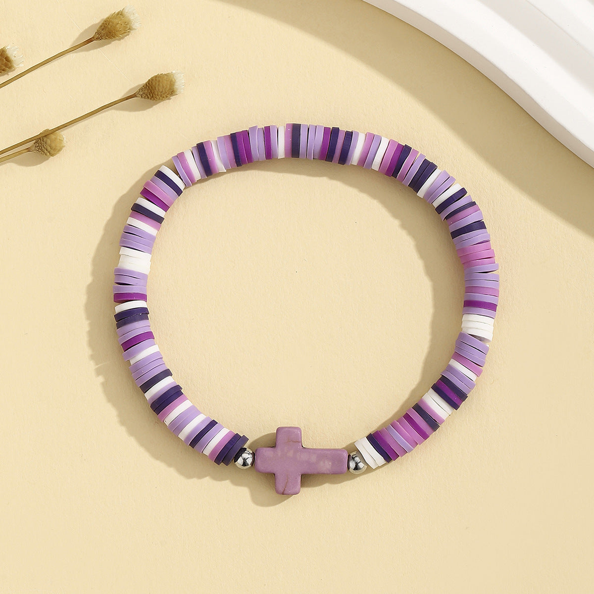 Heishi Clay Disc Bracelet with Cross Bead - Purple