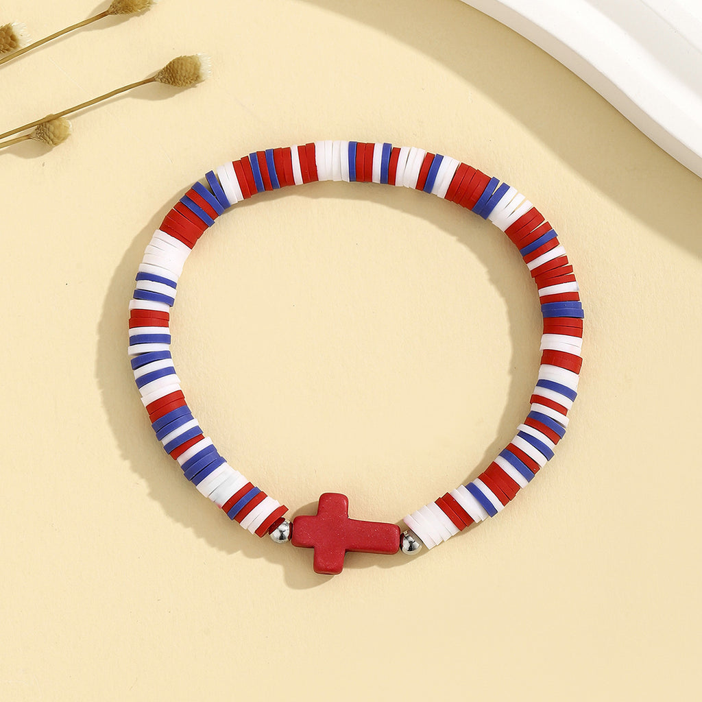 Heishi Clay Disc Bracelet with Cross Bead - Red