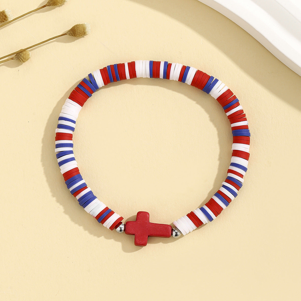 Heishi Clay Disc Bracelet with Cross Bead - Red