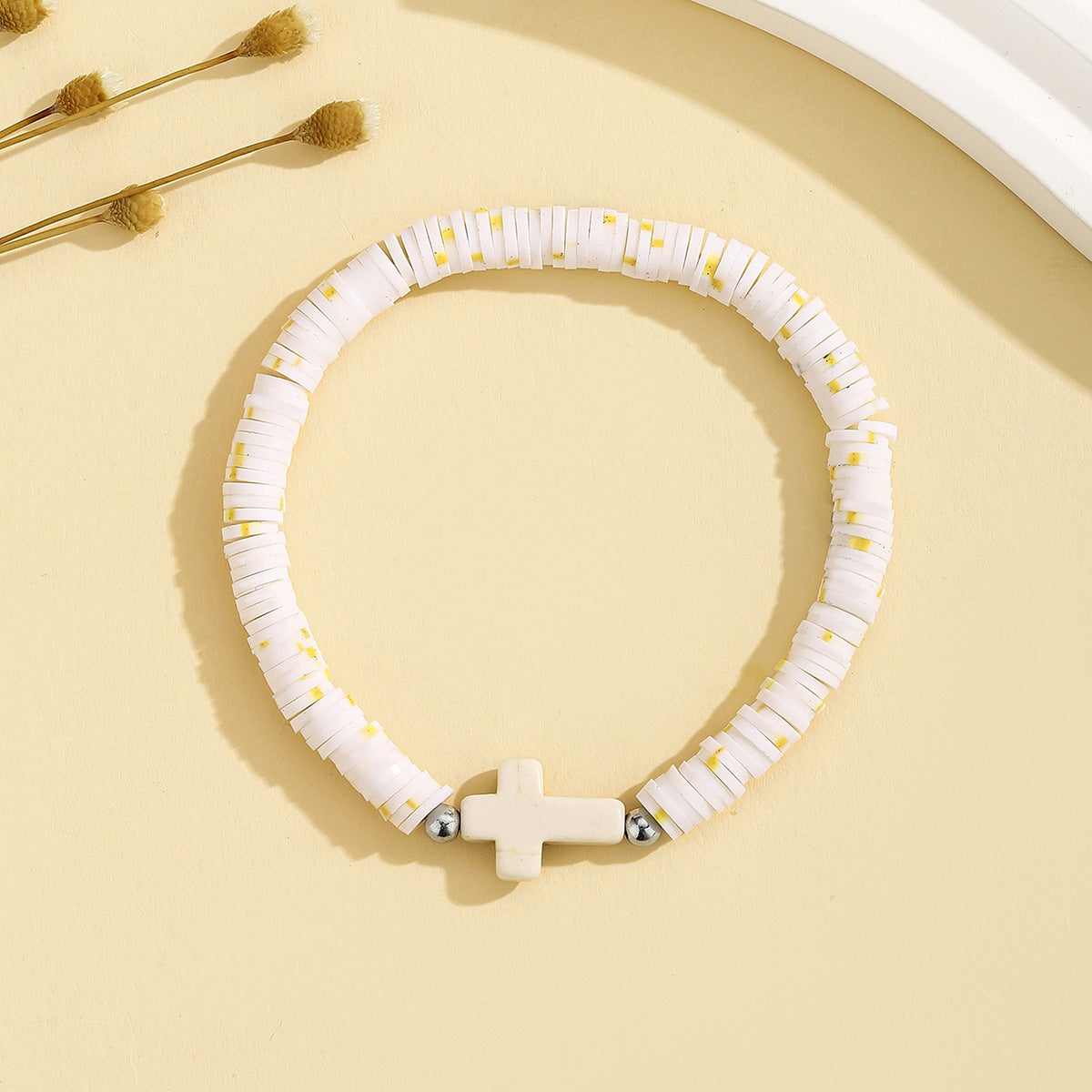 Heishi Clay Disc Bracelet with Cross Bead - White