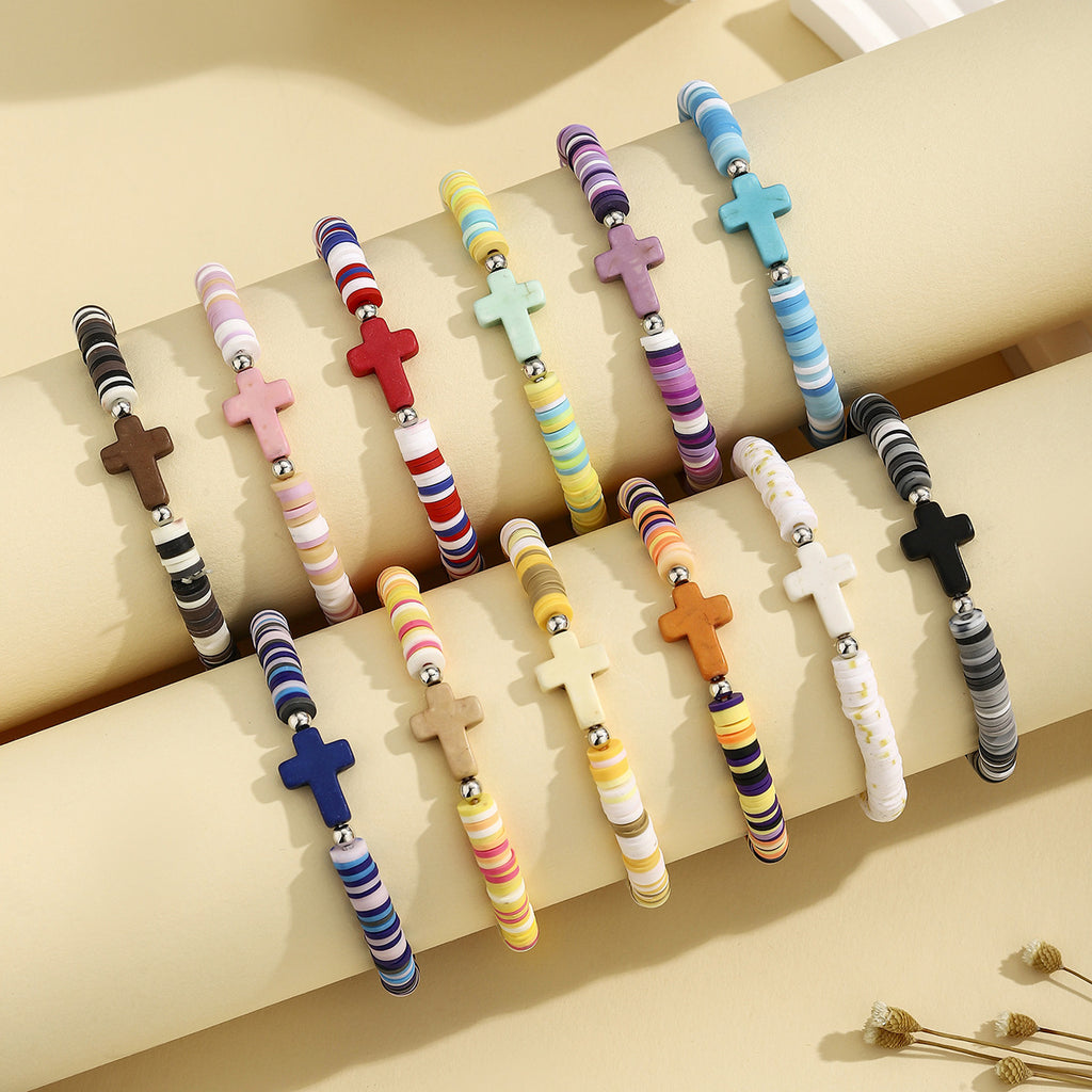Heishi Clay Disc Bracelet with Cross Bead - view 2