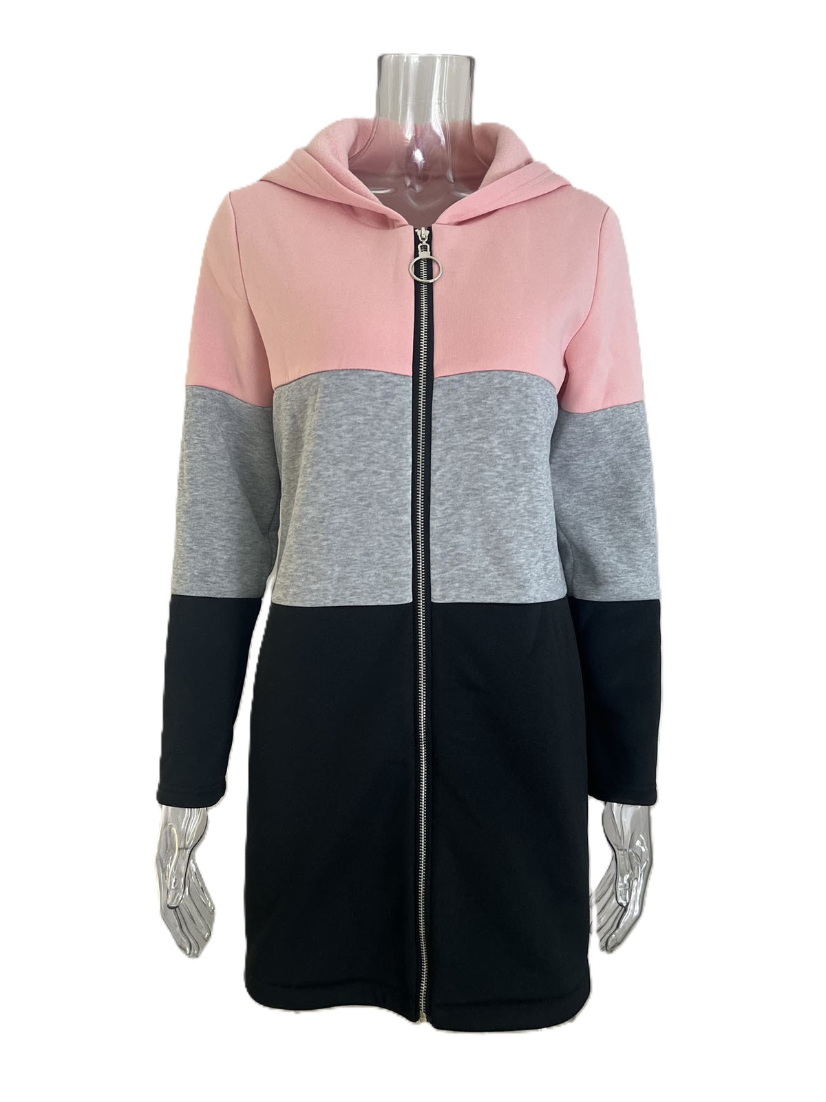 Colour Block Hooded Zip Up Longline Jacket - Pink