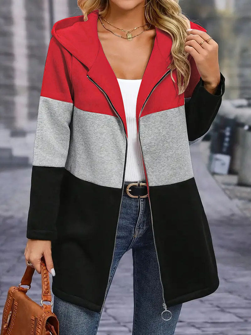 Colour Block Hooded Zip Up Longline Jacket - Red