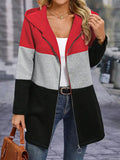 Colour Block Hooded Zip Up Longline Jacket - Red