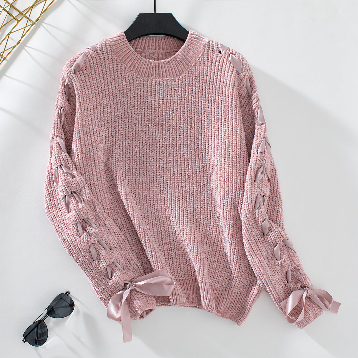 Ribbon Lace Up Sleeve Crewneck Sweater - Pink - 1