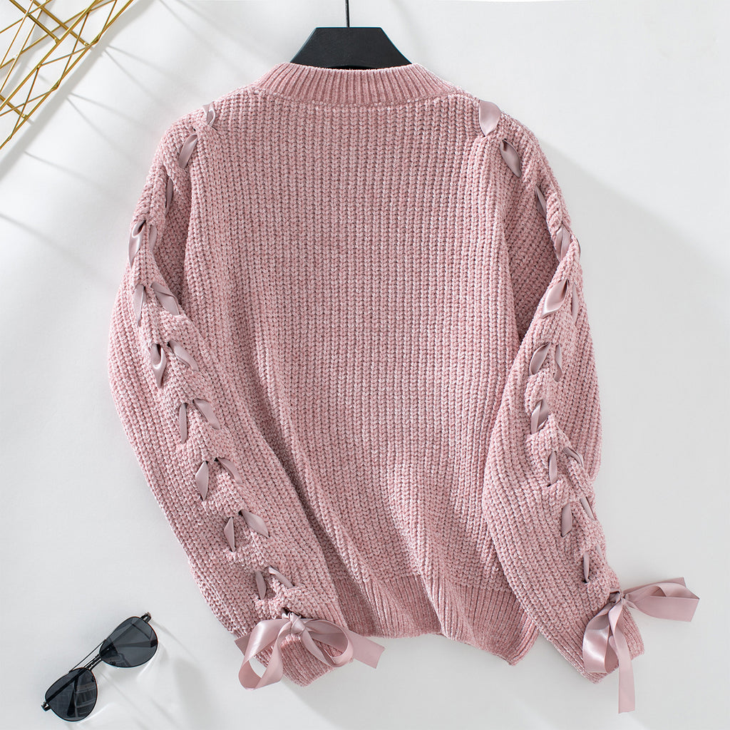 Ribbon Lace Up Sleeve Crewneck Sweater - Pink - 2