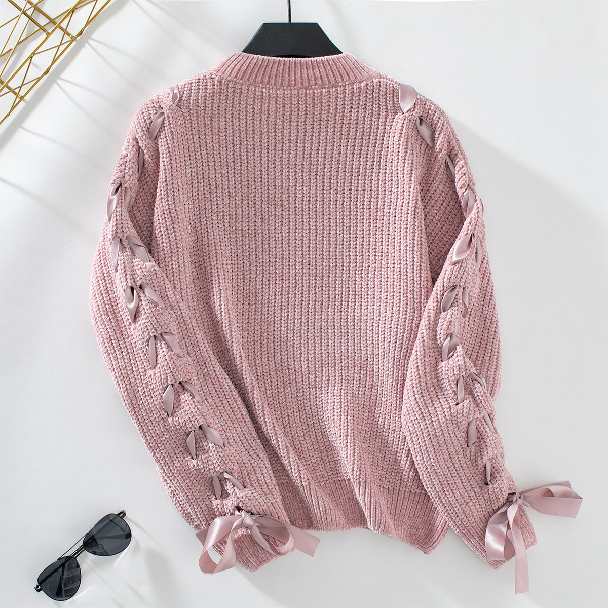 Ribbon Lace Up Sleeve Crewneck Sweater - Pink - 2