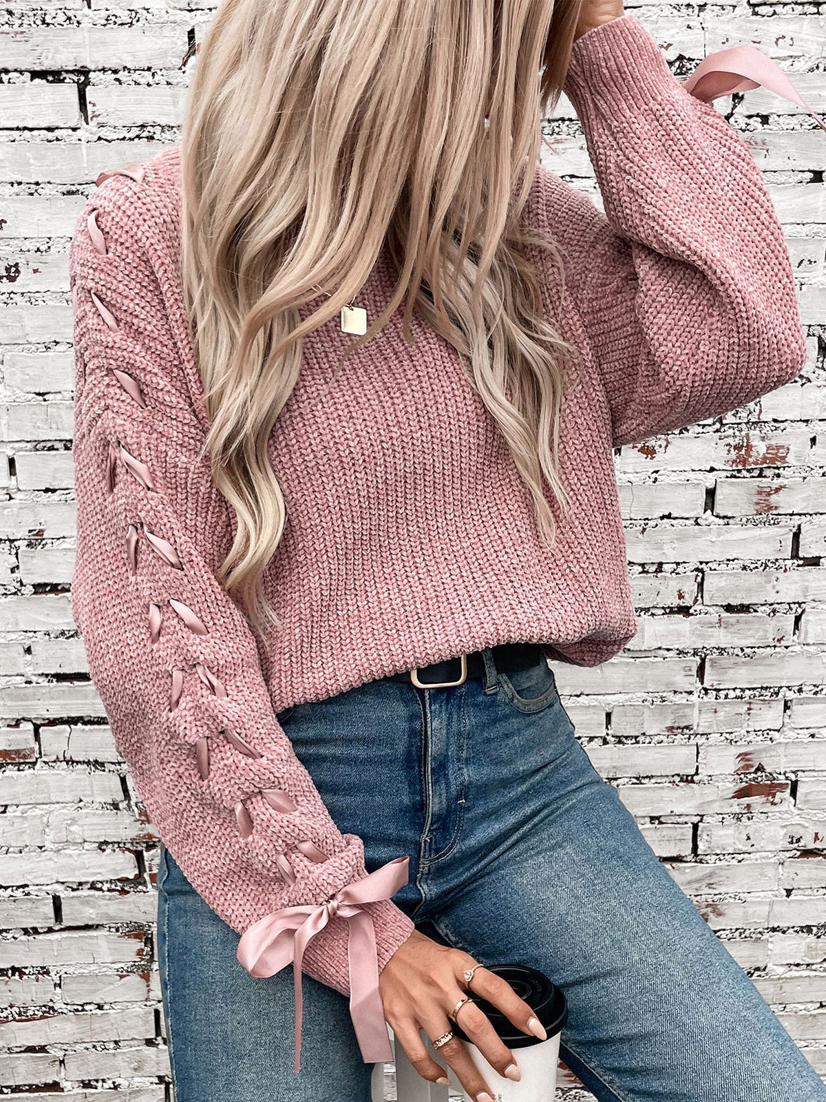 Ribbon Lace Up Sleeve Crewneck Sweater - Pink - 4