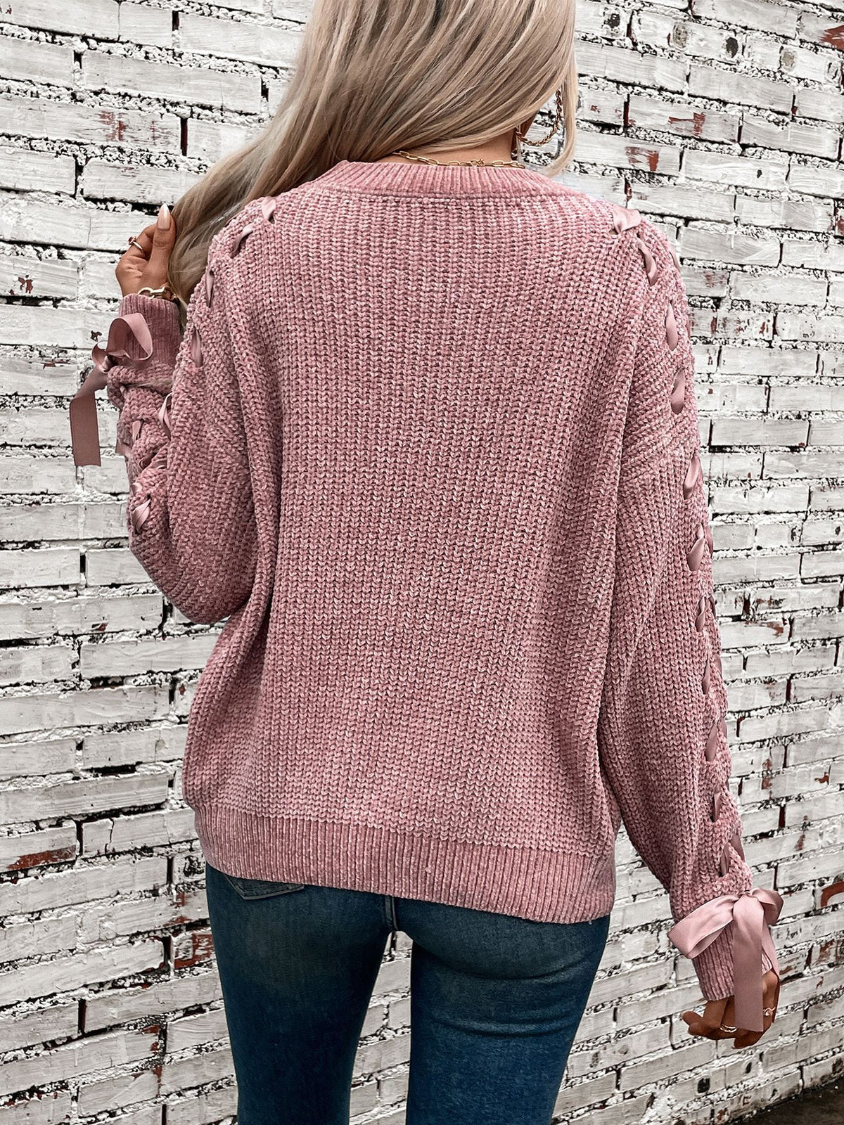 Ribbon Lace Up Sleeve Crewneck Sweater - Pink - 6