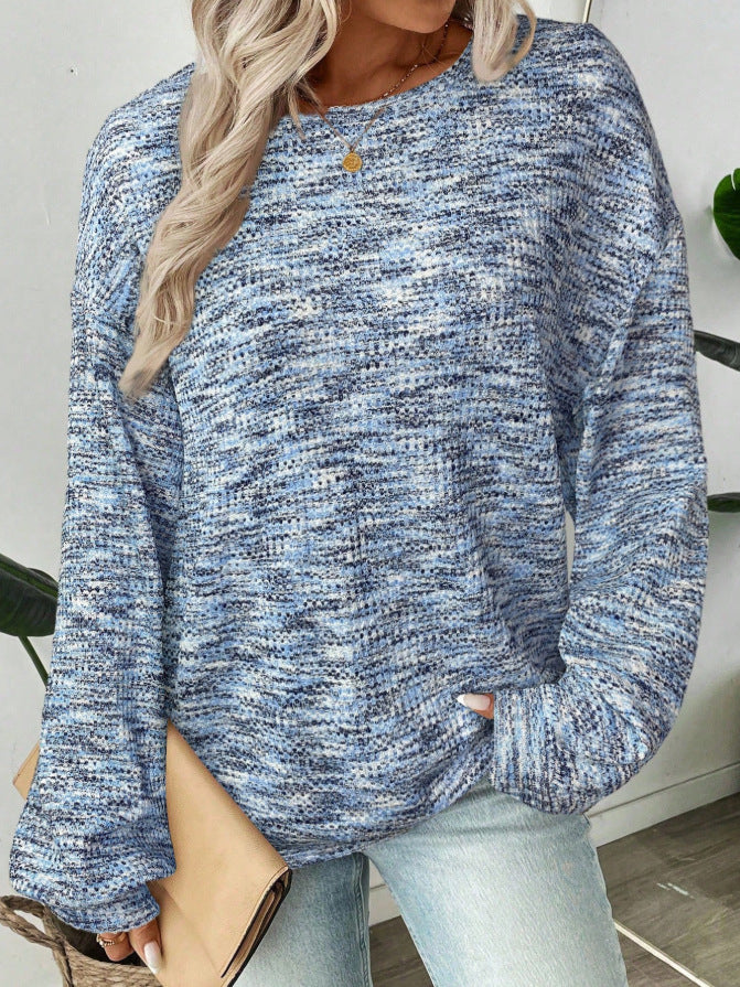Marled Waffle Knit Balloon Sleeve Blouse - Blue