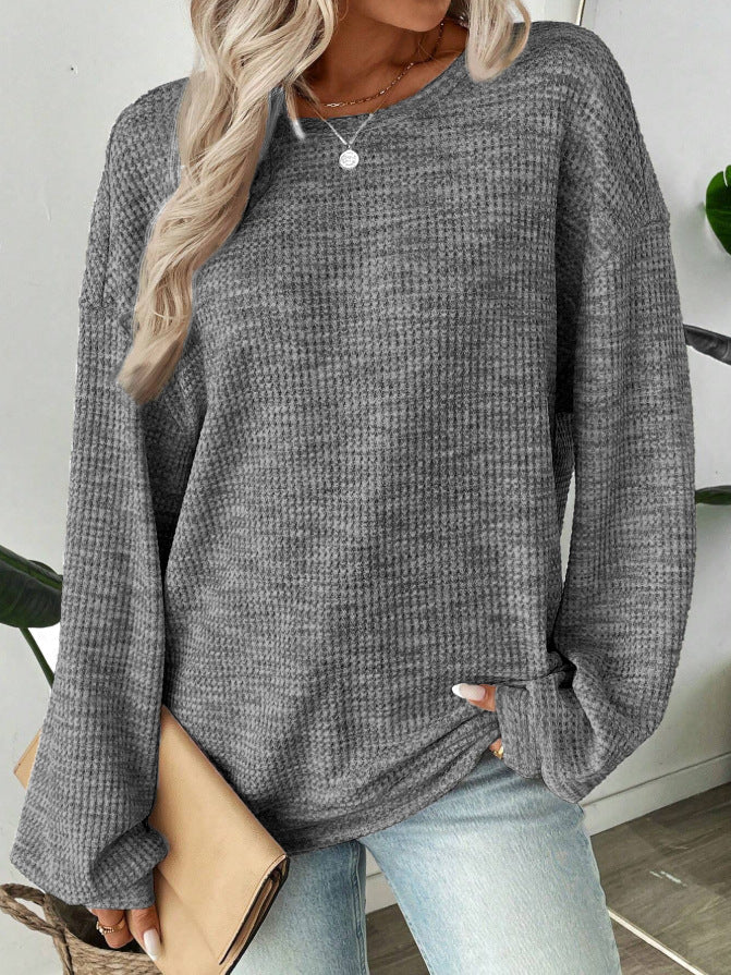 Marled Waffle Knit Balloon Sleeve Blouse - Grey