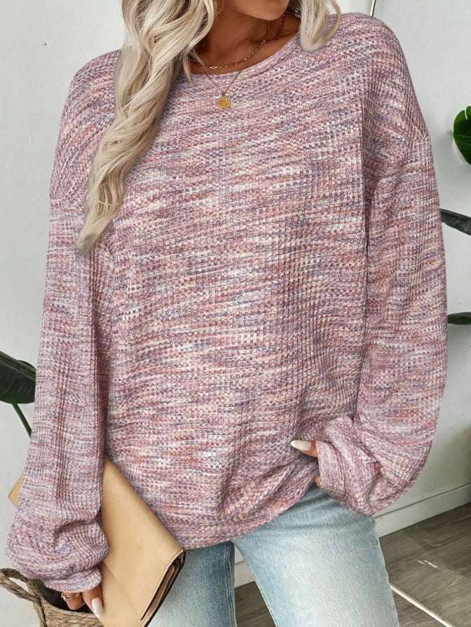 Marled Waffle Knit Balloon Sleeve Blouse - Pink