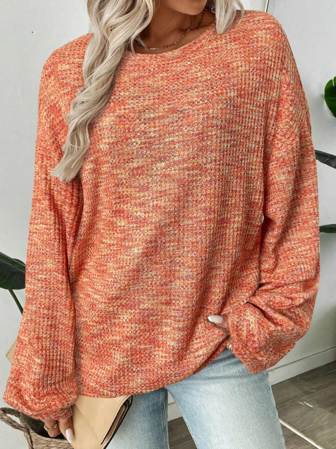 Marled Waffle Knit Balloon Sleeve Blouse - orange