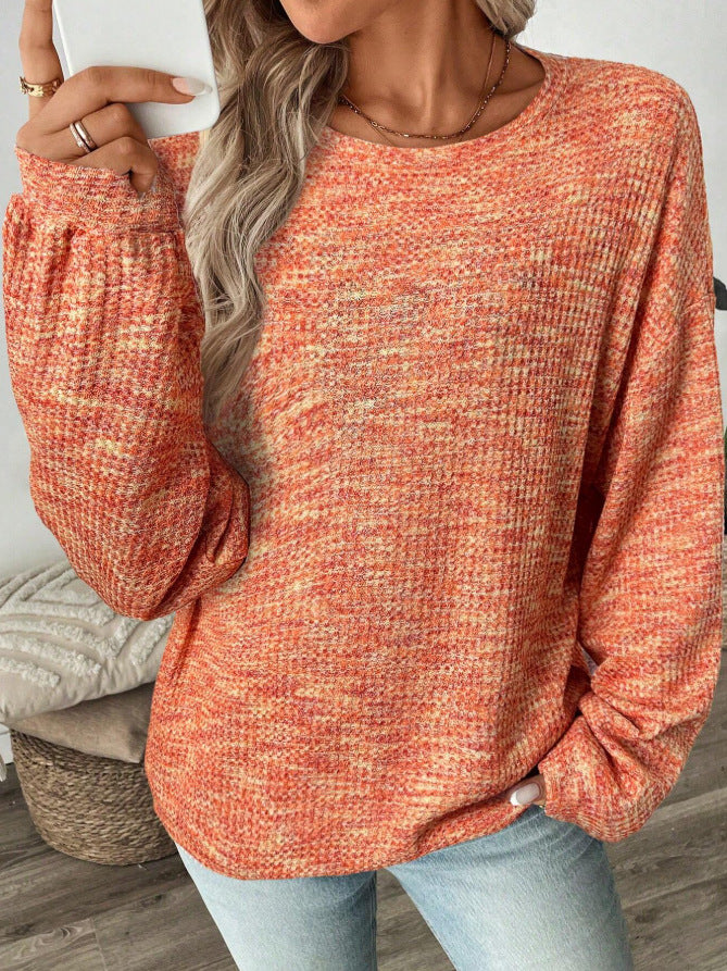 Marled Waffle Knit Balloon Sleeve Blouse - orange - 1