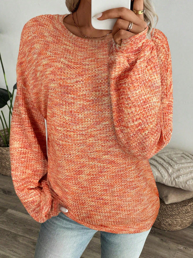 Marled Waffle Knit Balloon Sleeve Blouse - orange - 2