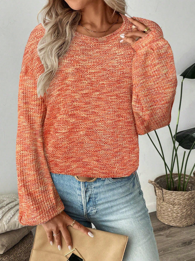 Marled Waffle Knit Balloon Sleeve Blouse - orange - 3