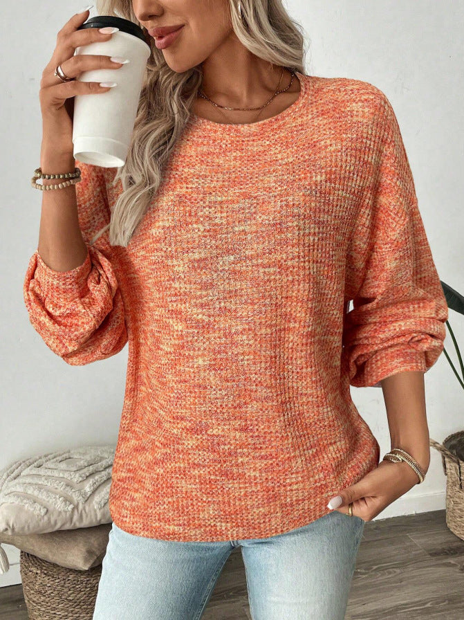 Marled Waffle Knit Balloon Sleeve Blouse - orange - 4