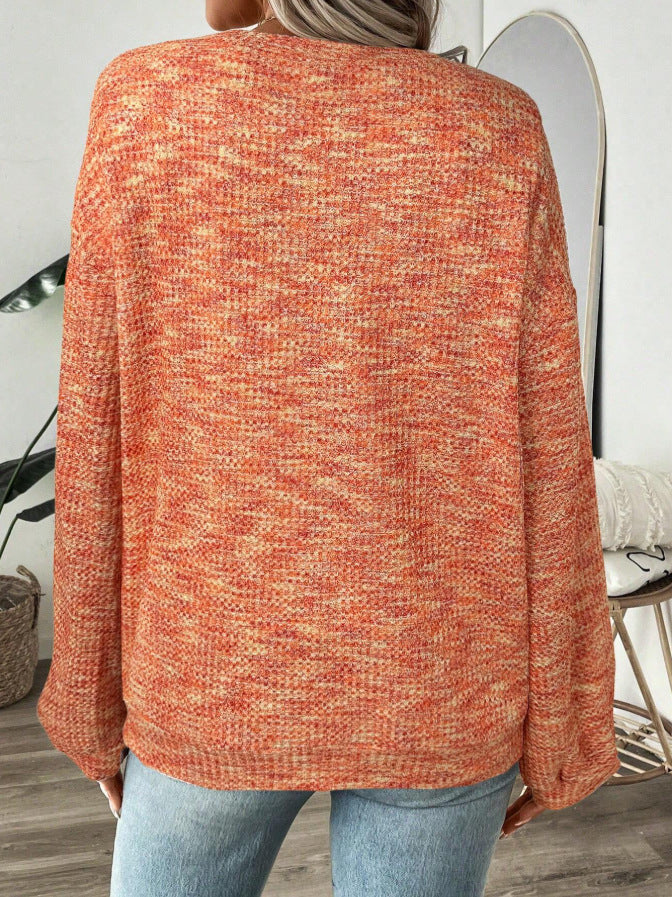 Marled Waffle Knit Balloon Sleeve Blouse - orange - 5