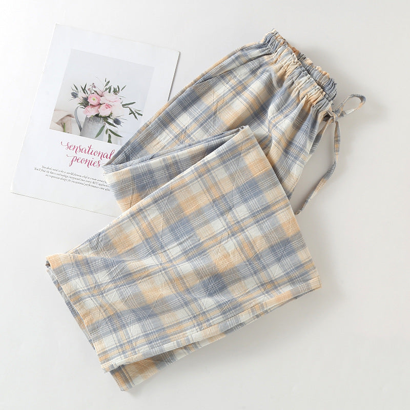 Plaid Cotton Drawstring Lounge Pants - Blue