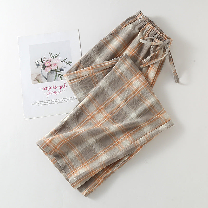 Plaid Cotton Drawstring Lounge Pants - Brown