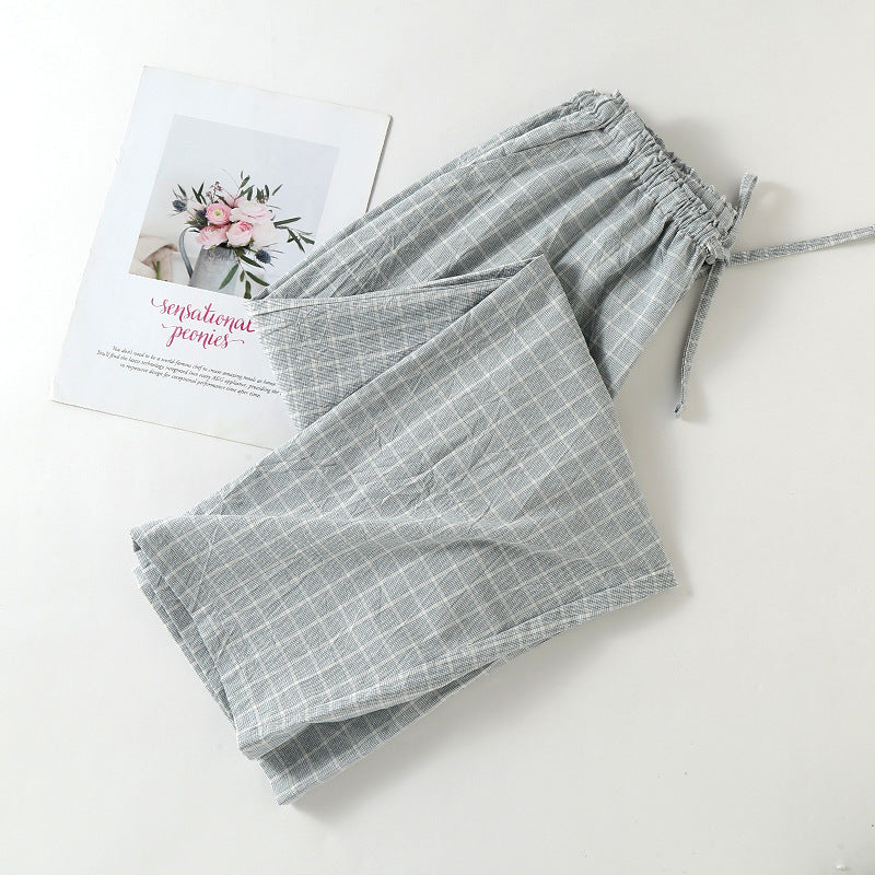Plaid Cotton Drawstring Lounge Pants - Grey