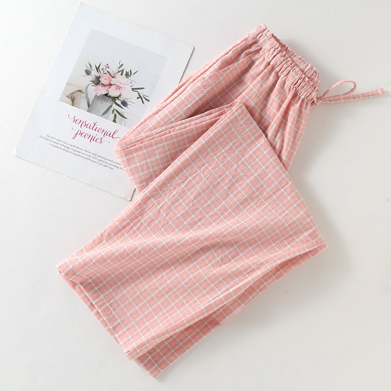 Plaid Cotton Drawstring Lounge Pants - Pink-1