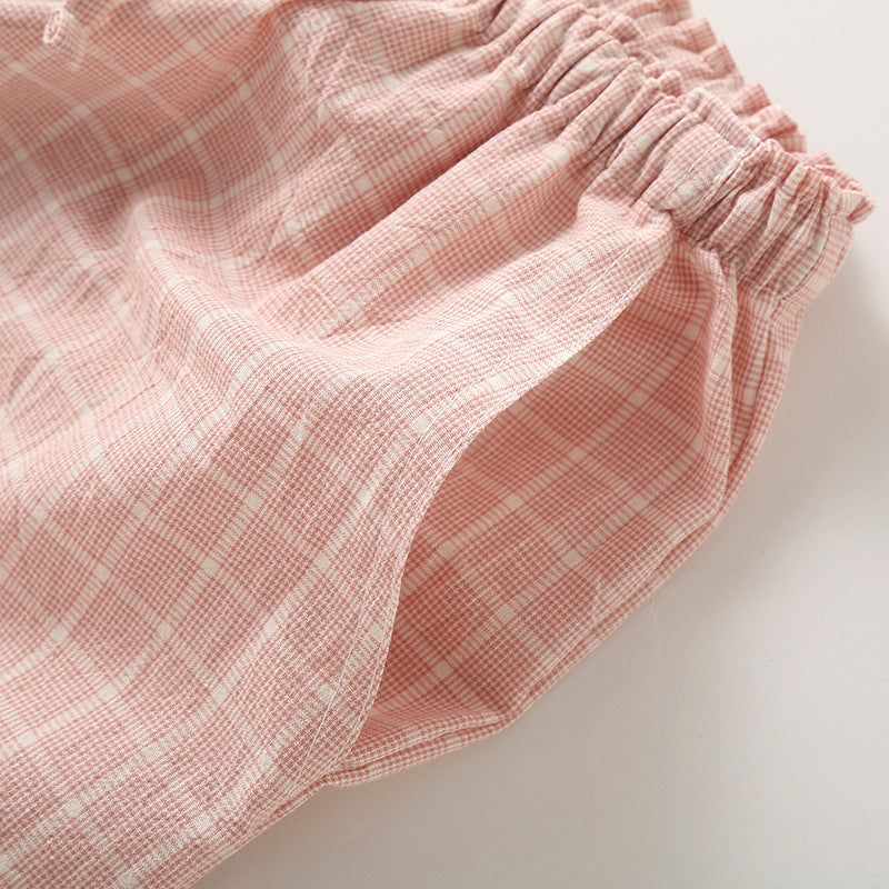 Plaid Cotton Drawstring Lounge Pants - Pink-1 - 1
