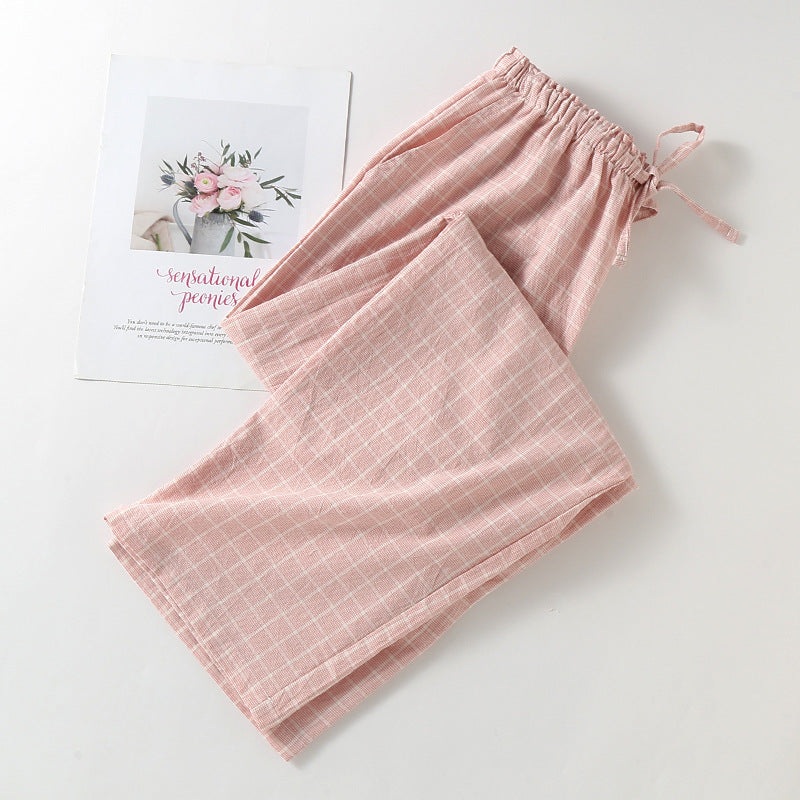 Plaid Cotton Drawstring Lounge Pants - Pink-2
