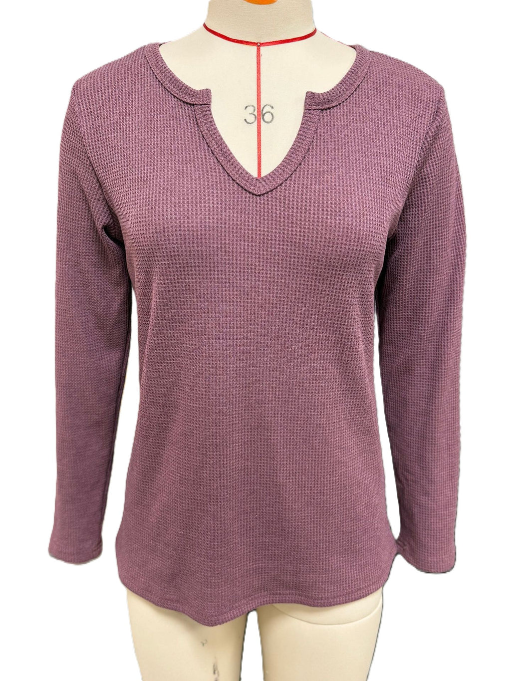 Waffle Knit Notch Neck Relaxed Top - Brickred