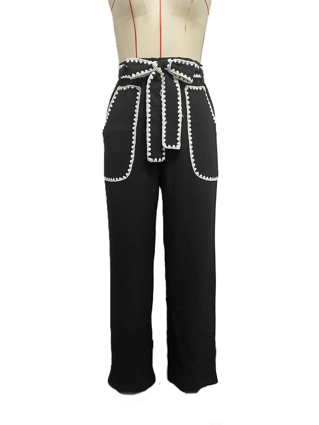 Wide Leg Pants With Crochet Trim Belt - Black - 1