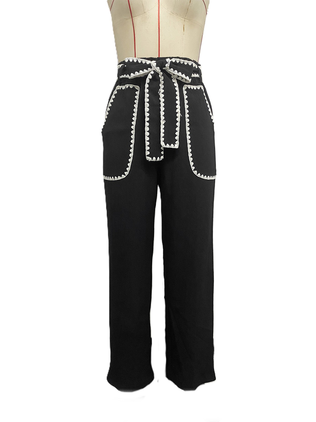 Wide Leg Pants With Crochet Trim Belt - Black - 1