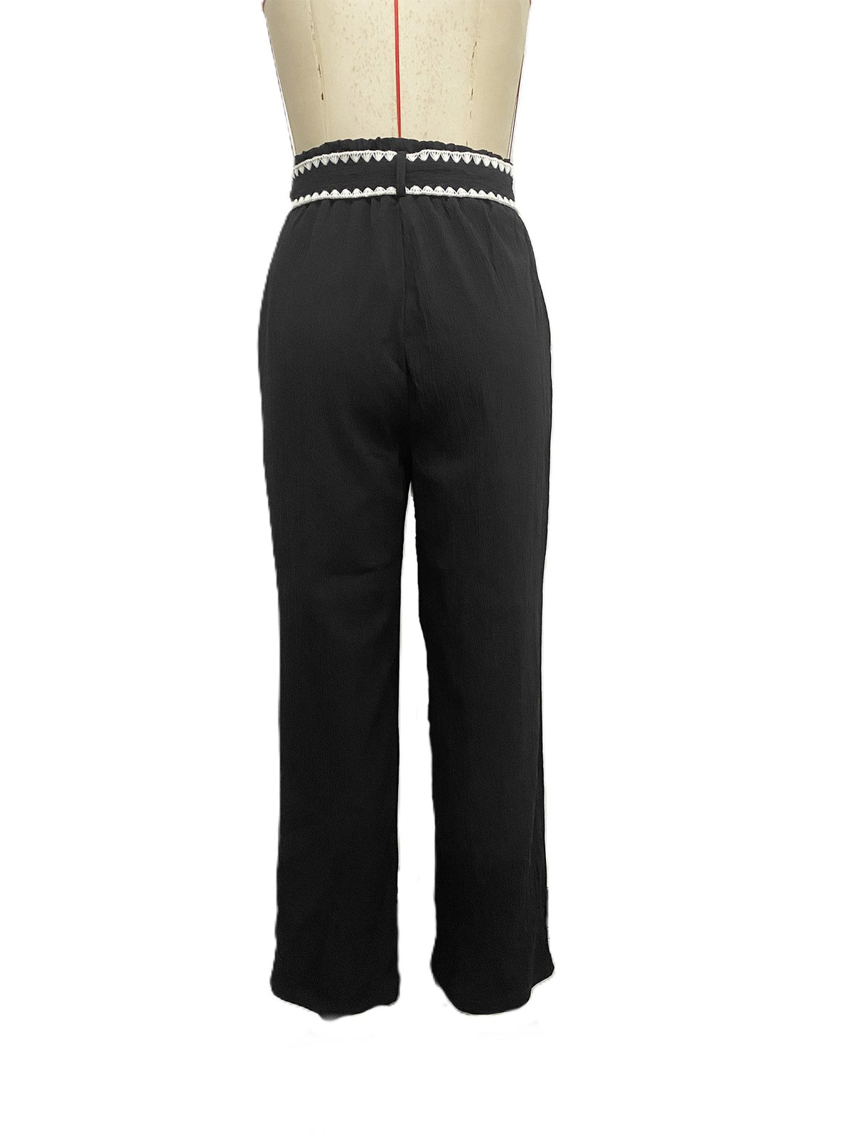 Wide Leg Pants With Crochet Trim Belt - Black - 2