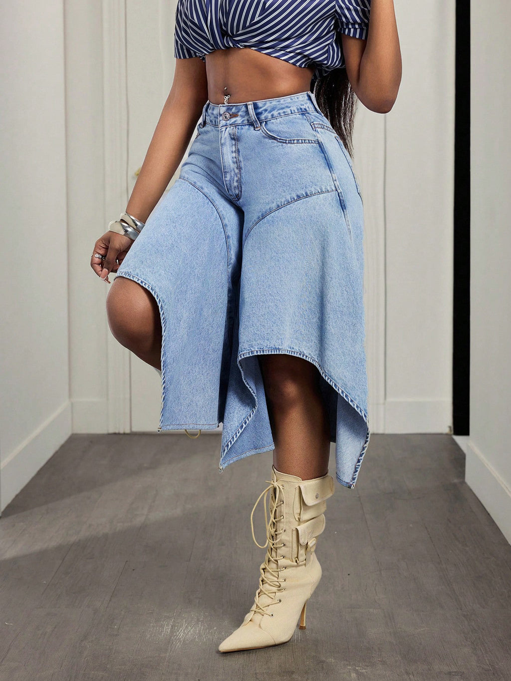 Asymmetric Draped Hem Denim Shorts - Blue - 3
