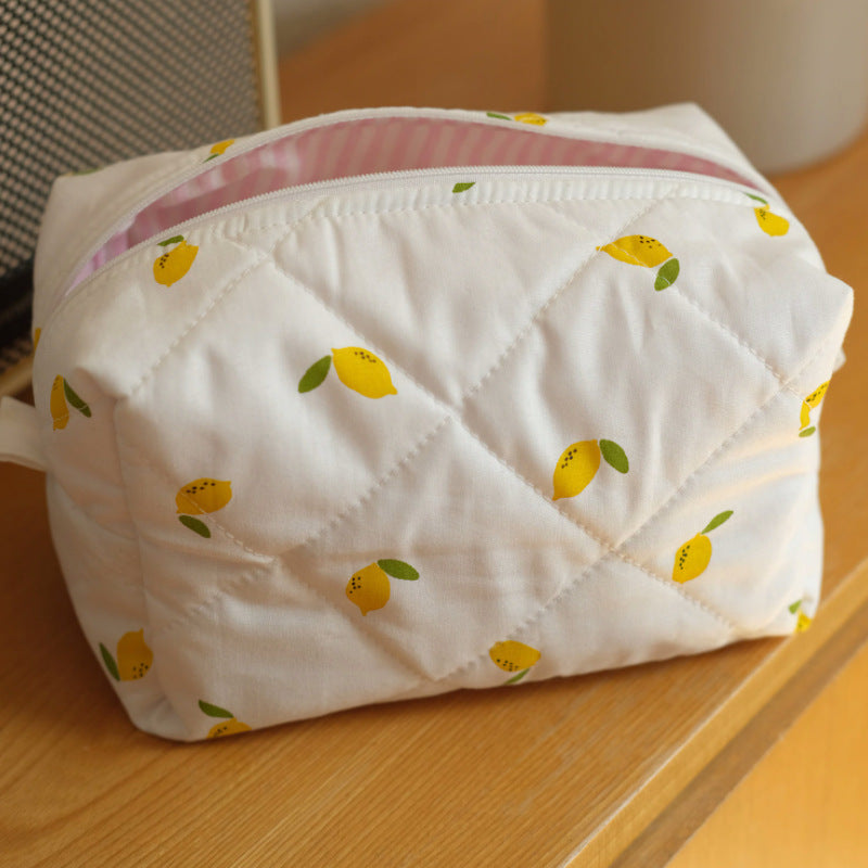 Quilted Cosmetic Pouch in Fruit and Floral Prints - Lemon