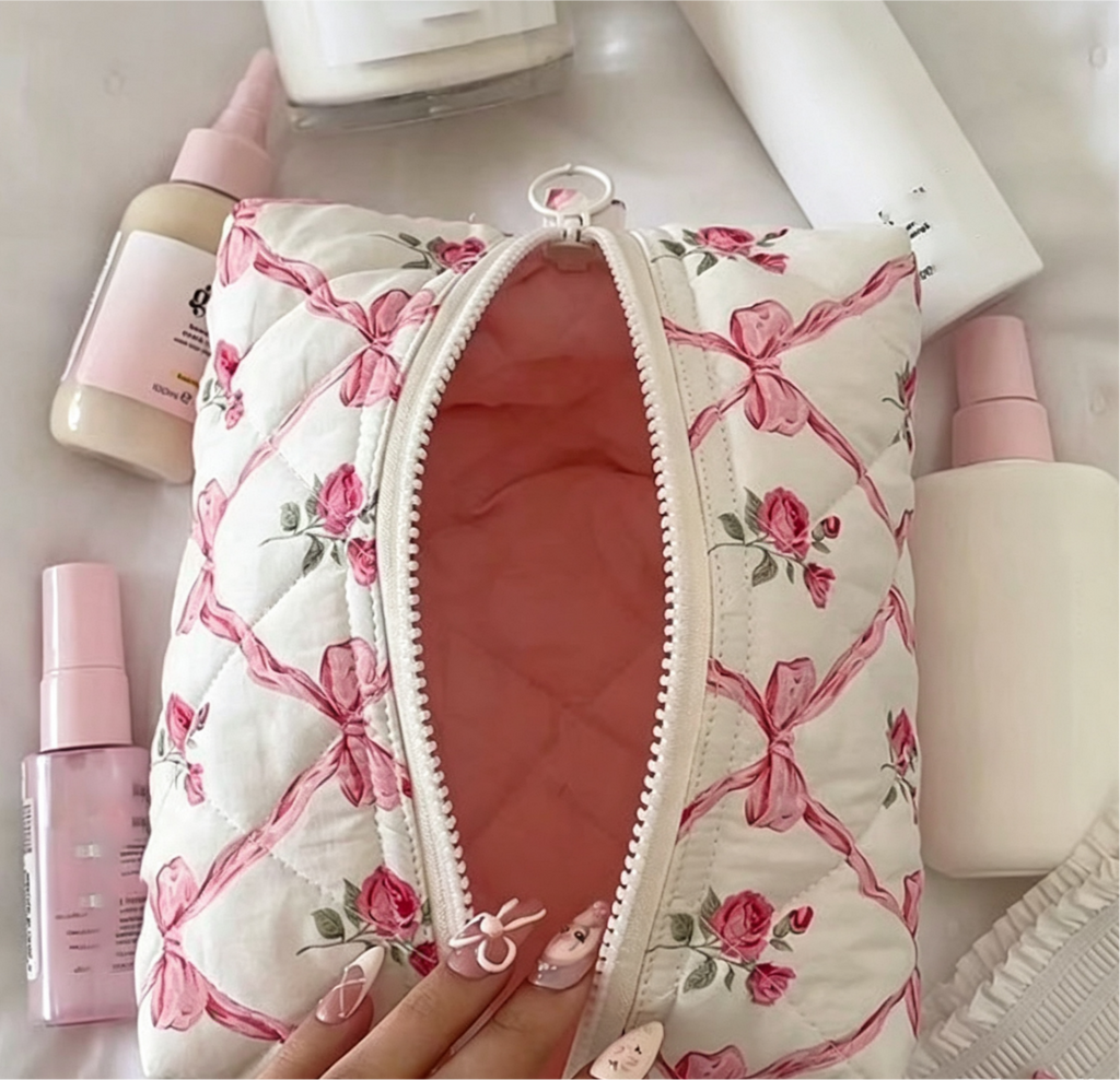 Quilted Cosmetic Pouch in Fruit and Floral Prints - PinkBow