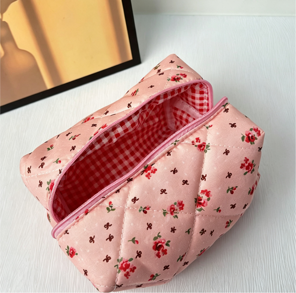 Quilted Cosmetic Pouch in Fruit and Floral Prints - PinkRose