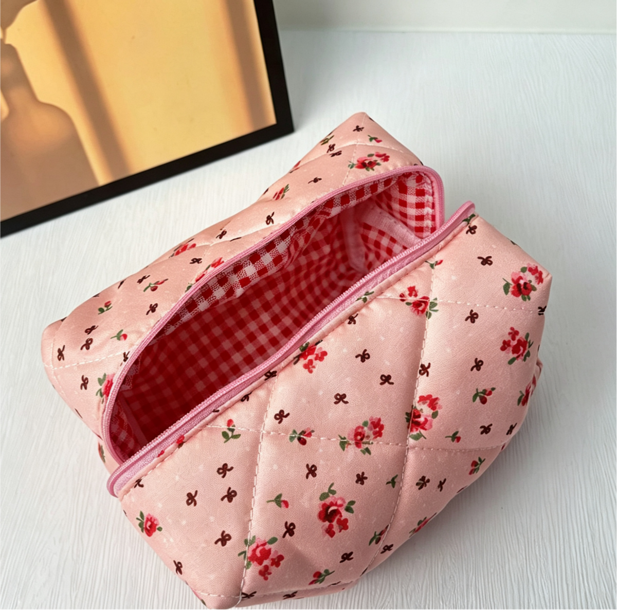 Quilted Cosmetic Pouch in Fruit and Floral Prints - PinkRose