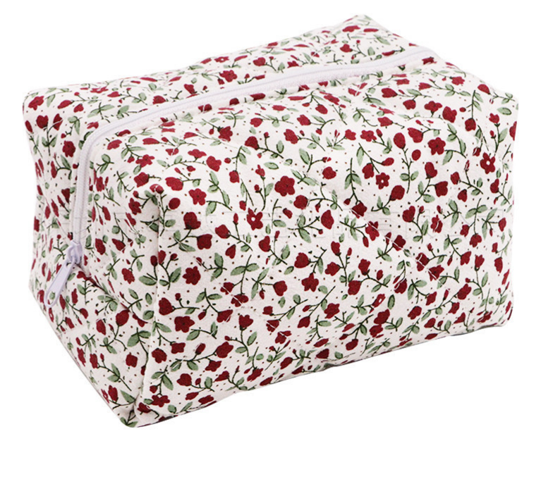 Quilted Cosmetic Pouch in Fruit and Floral Prints - Red
