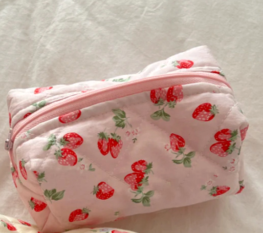 Quilted Cosmetic Pouch in Fruit and Floral Prints - SPink