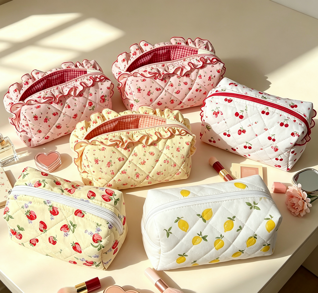 Quilted Cosmetic Pouch in Fruit and Floral Prints