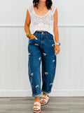 Bow Embroidered Barrel Leg Cropped Jeans - Blue