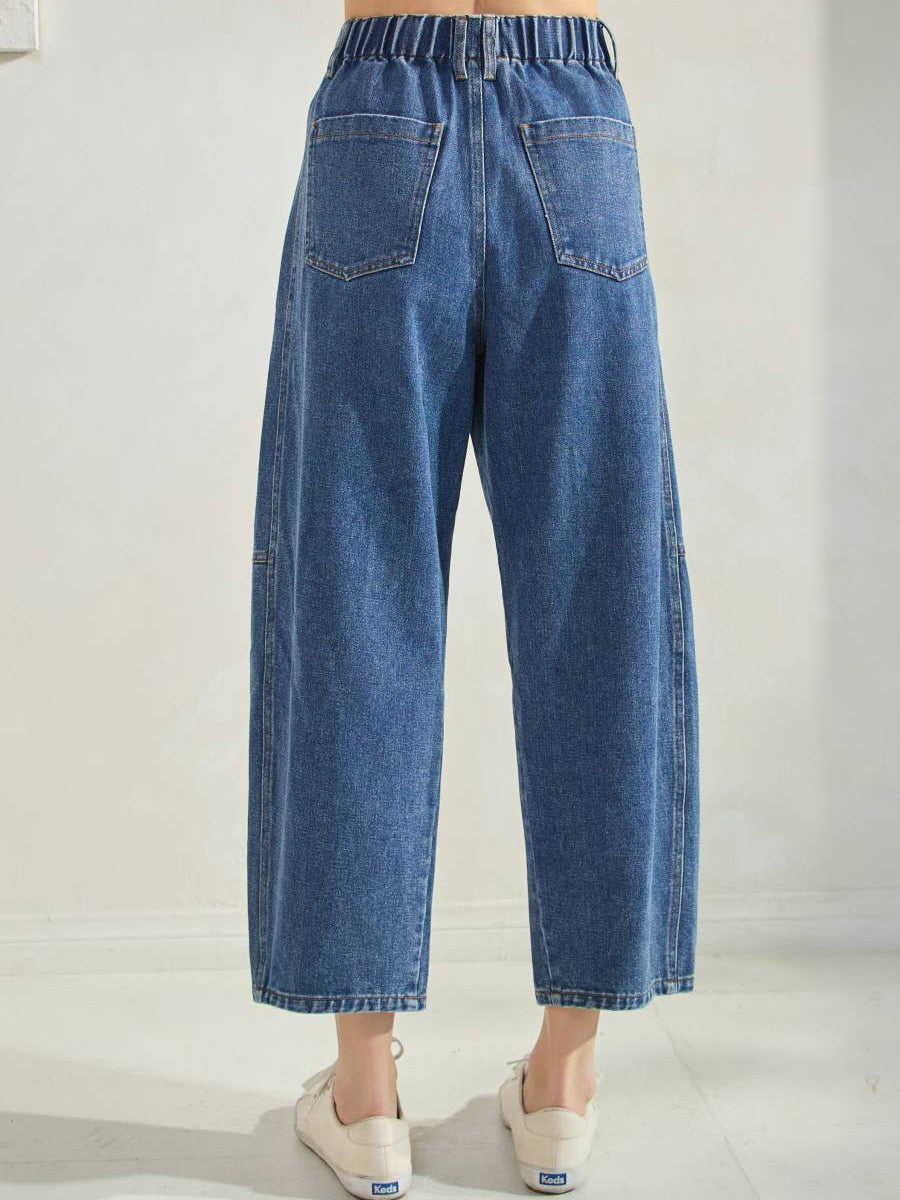Bow Embroidered Barrel Leg Cropped Jeans - Blue - 2