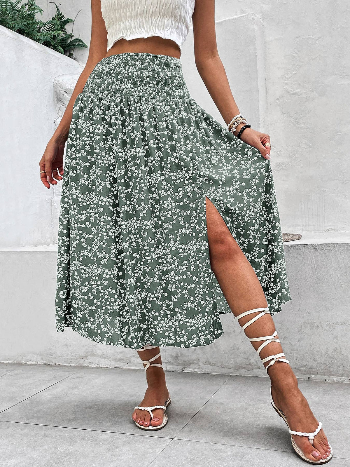 Vintage Floral Print Front Slit Skirt