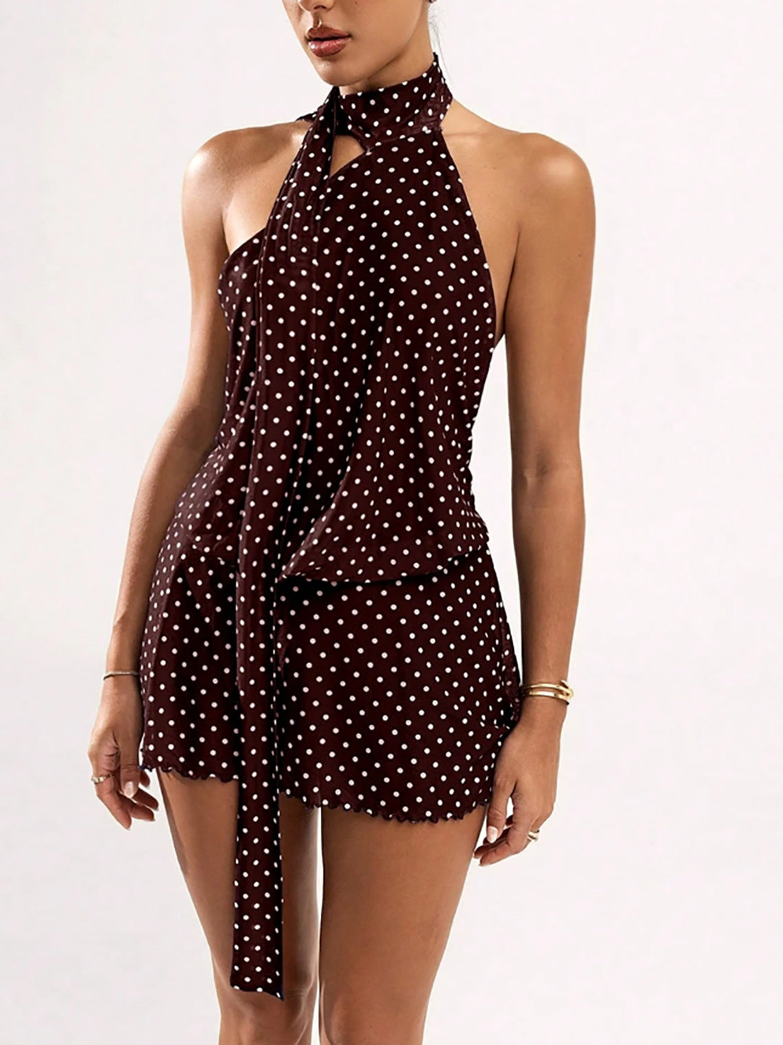 Scarf Neck Polka Dot Mini Dress - Coffee - 2