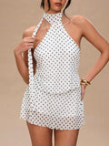 Scarf Neck Polka Dot Mini Dress - White