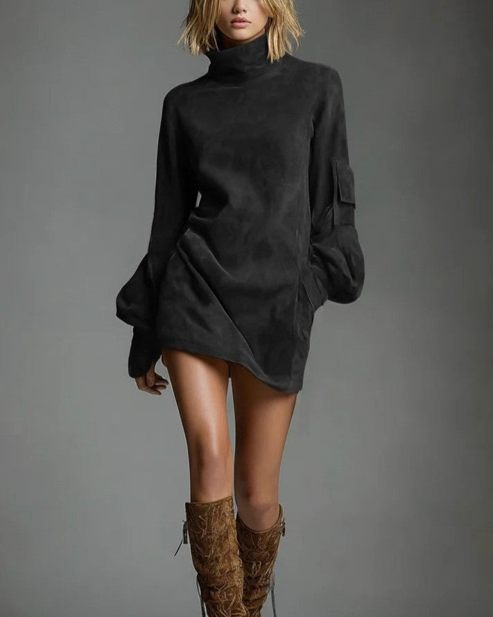 Faux Suede Turtleneck Cargo Mini Dress - Black