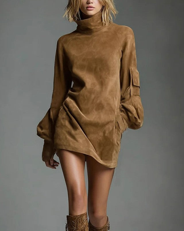 Faux Suede Turtleneck Cargo Mini Dress - Brown