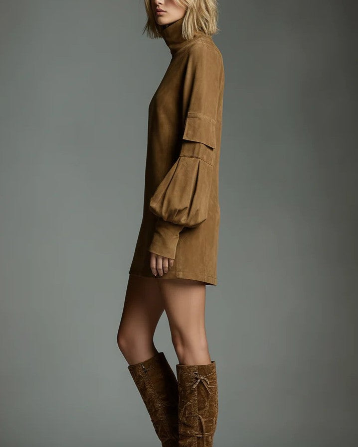 Faux Suede Turtleneck Cargo Mini Dress - Brown - 1